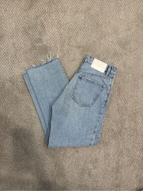 Zara Light Blue High-Rise Straight Jeans with Raw Hem